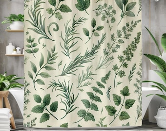Botanical Herb Shower Curtain – Green Plant Print Bathroom Curtain, Waterproof Polyester, Rings Included, Multiple Sizes – Nature Bathroom