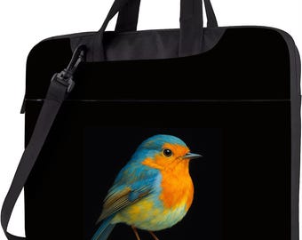 Songbird Laptop Bag 13–15 Inch with Strap – Blue Orange Bird Art Print on Black Canvas Work Tote, Laptop Shoulder Bag