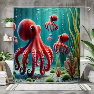 Adorable Red Octopus Shower Curtain, Underwater Ocean Scene, High-Quality Fabric, Multi-Size Options with Rings Included