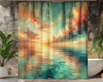 May include: A shower curtain with a watercolour-style design depicting a sunset over a tranquil sea. The sky is a blend of orange, pink, and purple, with clouds mirrored in the water.