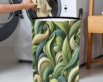 Green Leaf Laundry Basket – Olive, Sage, Forest & Cream – Foldable Waterproof Hamper with Handles – Nature-Inspired Storage Bin
