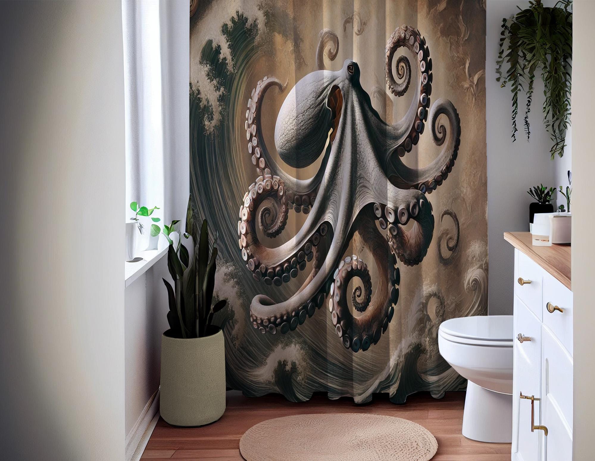 Emvency Duschvorhang – Vintage Oktopus-Design, Bunt & Wasserdicht, 183x183 Cm, Mit Haken