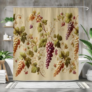 May include: A shower curtain featuring a vintage illustration of grapes on a vine. The grapes are in shades of purple, green, and yellow, and the vine is depicted in shades of green. The background is a light beige color.