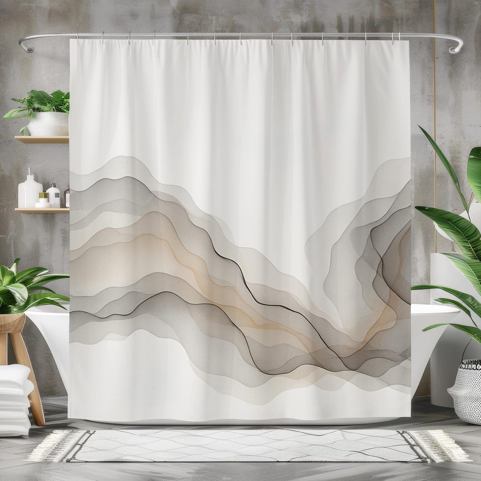 Abstract Neutral Shower Curtain, Beige Gray Wave Print Bathroom Curtain