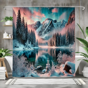 Rideau de douche hiver montagne - Scène de lac de forêt enneigée, décoration de salle de bain nature, esthétique de cabane, tissu en polyester avec crochets