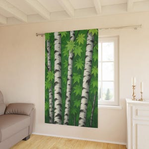 Nature-Inspired Window Curtains, Green Birch Tree Prints, Forest Decor, Living Room Accessories, Eco-Friendly Home