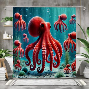 Adorable Red Octopus Shower Curtain, Underwater Ocean Scene, High-Quality Fabric, Multi-Size Options with Rings Included
