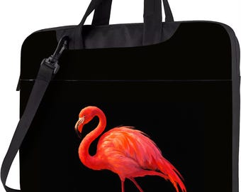 Flamingo Print Canvas Laptop Bag 13–15 Inch with Shoulder Strap, Multi-Pocket Work Tote