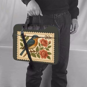 Vintage Stamp Laptop Bag – Retro Bird and Rose Floral Laptop Sleeve, Nature Print Laptop Case, Laptop Shoulder Bag,Handbag Laptop Bag