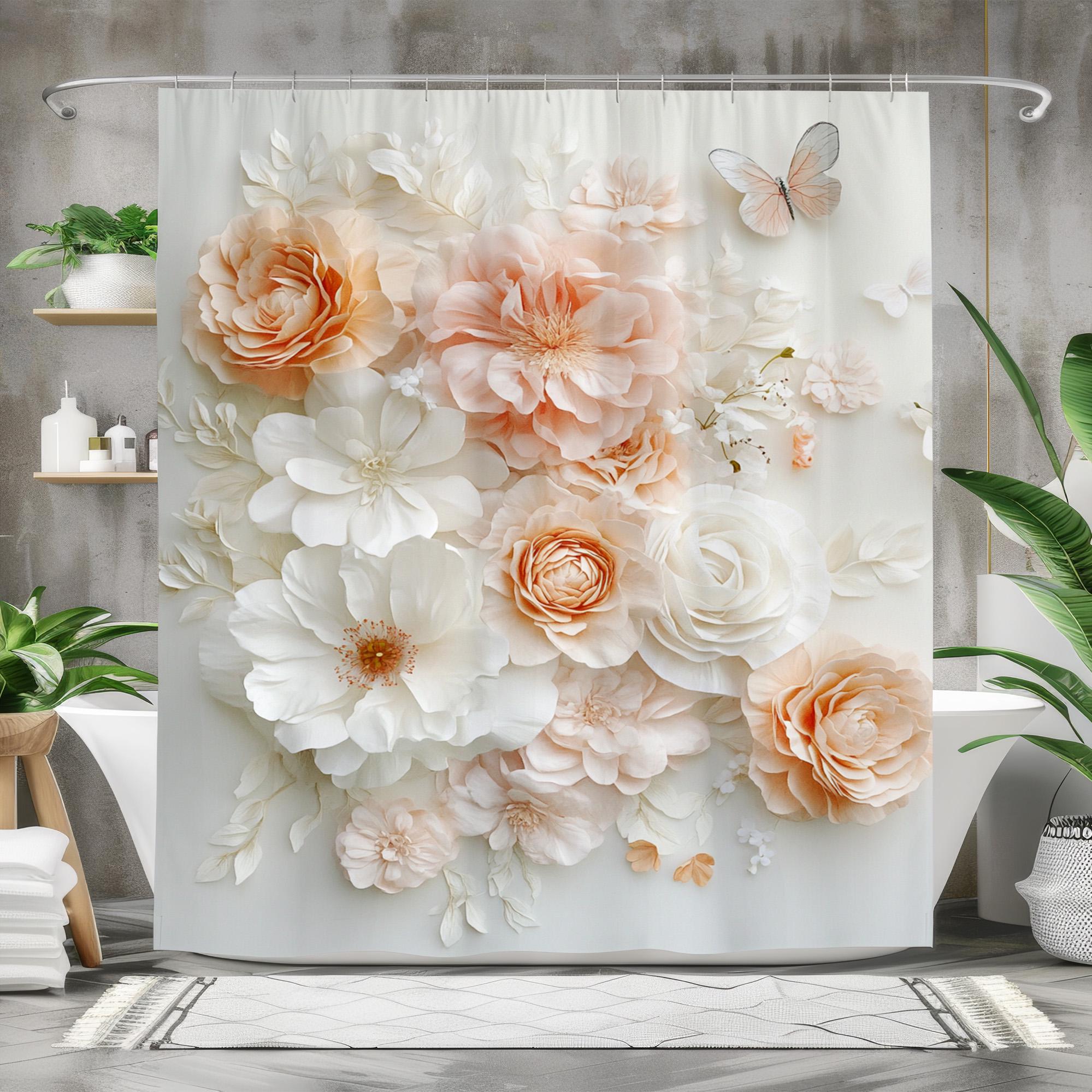 LB Tenda Doccia Floreale Astratta 150x180 Cm – Foglie Marroni E Fiori, Bianco A Righe – Poliestere Impermeabile Antimuffa – Include 10 Ganci – Per Bagno, Finestra, Camera, Cucina