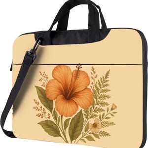 Floral Laptop Bag with Strap – Vintage Orange Hibiscus Print Tote, Laptop Shoulder Bag, Work or Student Gift, Laptop Case, Gift for Her