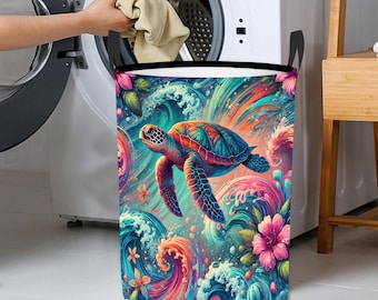 Colorful Sea Turtle Laundry Basket, Foldable Round Hamper With Handles, Waterproof Ocean Storage Bin For Clothes Or Toys,Tropical Room Decor