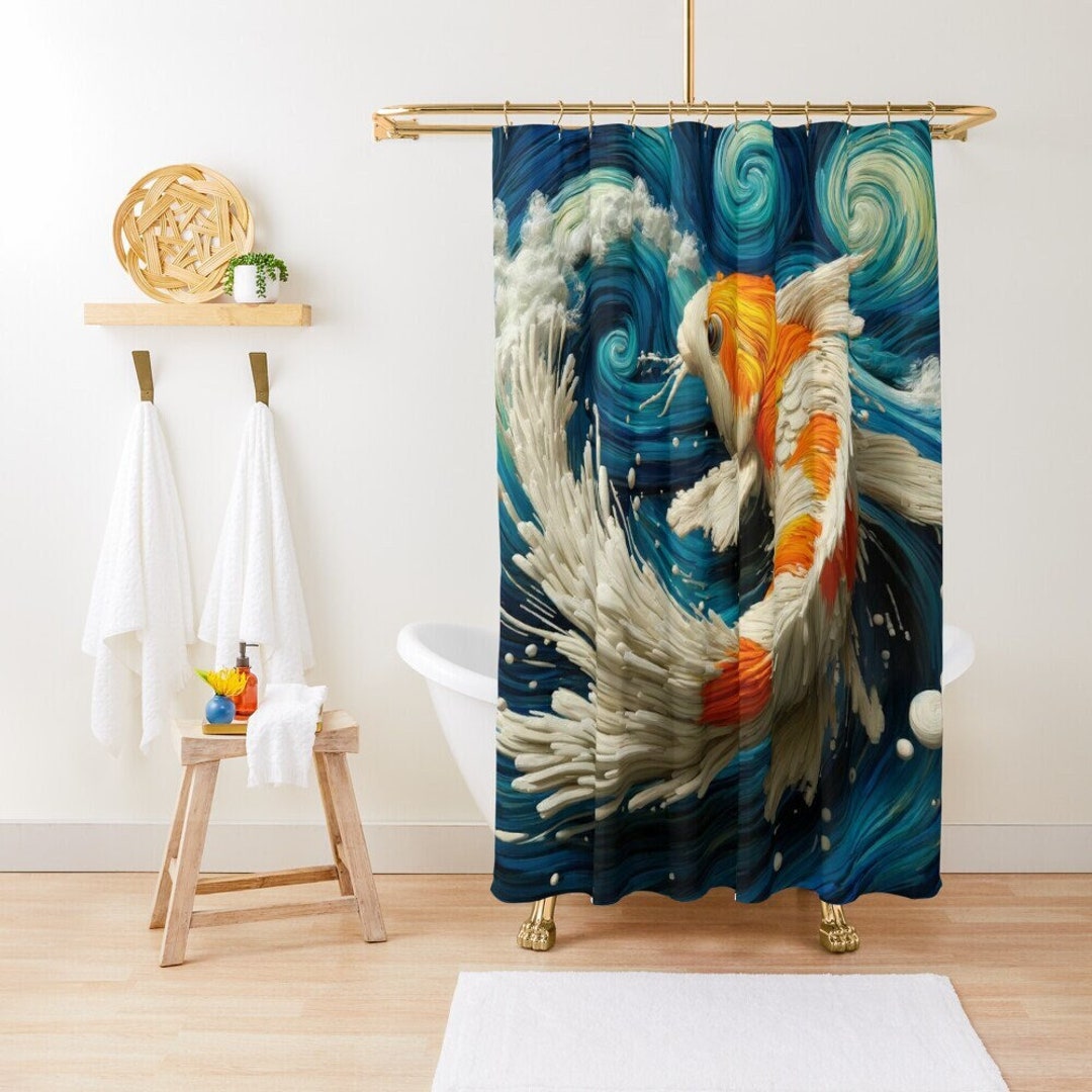 Japanese Koi Fish Shower Curtain - Watercolor Art Bathroom Decor Set With Hooks, 70x70 Inches