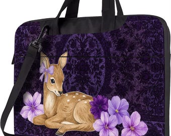 Cute Fawn Laptop Bag with Strap – Floral Animal Laptop Case