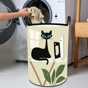 Panier à linge chat du milieu du siècle, panier à linge imperméable pliable avec poignées, bac de rangement rétro pour planche à repasser pour décoration de salle de lavage ou de dortoir