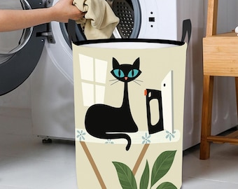 Mid Century Cat Laundry Basket, Foldable Waterproof Hamper With Handles, Retro Ironing Board Storage Bin for Laundry Room or Dorm Decor