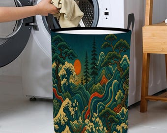 Japanese Wave Mountain Laundry Basket, Foldable Waterproof Hamper With Handles, Traditional Art Storage Bin for Clothes, Toys, or Dorm