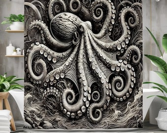 Intricate Kraken Octopus Shower Curtain - Black and White Nautical Art, Vintage Sea Life Bathroom Decor, Gothic Marine Design