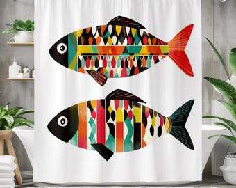 May include: A white shower curtain with a colorful geometric pattern of two fish. The fish are facing opposite directions and have a black outline.