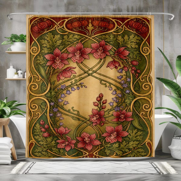 Art Nouveau Floral Shower Curtain, Vintage Botanical Bathroom Decor, Orchid Bath Curtain, Antique Garden Art, William Morris Style