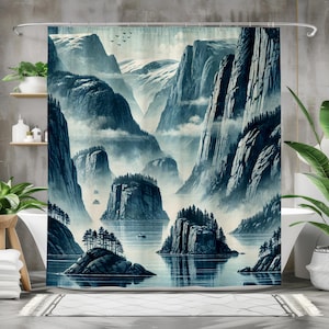 Mountain Lake Shower Curtain, Misty Forest Bathroom Decor, Nature Landscape Bath Curtain, Scenic Waterproof Shower Curtain with Hooks