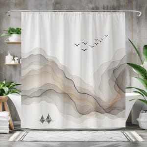 Abstrakt Neutral Duschdraperi, Beige Grå Vågmönster Badrumsdraperi, Modern Minimalistisk Stil, Inkluderar Krokar, Flera Storlekar