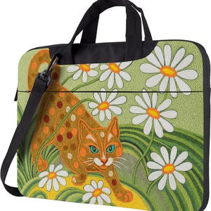 Whimsical Cat Laptop Sleeve – Colorful Orange Kitty in Daisy Meadow, Folk Art Laptop Bag for Cat Lovers, Cute Nature-Inspired Gift Idea
