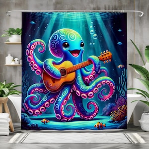 Octopus Shower Curtain, Underwater Ocean Decor, Cute Sea Creature With Guitar, Vibrant Bathroom Art, Nautical Theme, Kids & Adults Gift