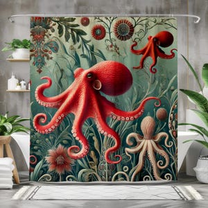 Elegant Red Octopus and Floral Underwater Shower Curtain, Nautical Bathroom Decor, High-Quality Fabric, Multi-Size with Rings