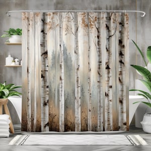 May include: A white shower curtain with a watercolor painting of a birch tree forest. The trees are white with black markings and the background is a light gray with hints of brown.