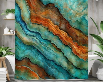 Abstract Marble Shower Curtain - Artistic Waterproof Bathroom Decor - Turquoise, Orange, Brown - Unique Modern Design