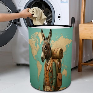 Donkey Travel Laundry Basket, World Map Dirty Clothes Bin with Handles, Laundry Organizer Baskets, Decorative Laundry Basket