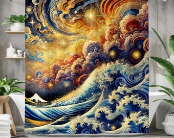 Celestial Wave Shower Curtain - Waterproof Fabric Bath Curtain for Bathroom Decor - Blue Gold Starry Ocean Design