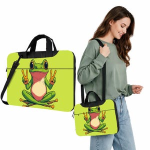 Rolig groda-datorväska med rem, 13 14 15,6 tums axelväska för arbete, limegrön arbetsväska, laptopväska med axelrem, teknikfodral som present