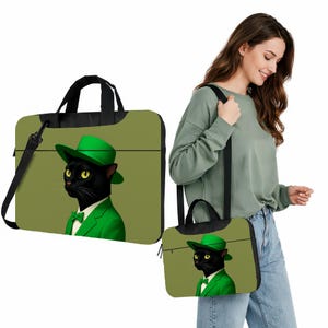Black Cat Laptop Bag in Green Suit – Stylish Cat Laptop Sleeve, Laptop Shoulder Bag, Handbag Laptop Bag
