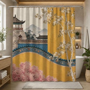 Douchegordijn met Aziatische tuin, goudgele Chinoiserie badkamerdecoratie, badgordijn met kersenbloesemtempellandschap