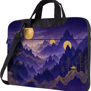 Mystic Moon Mountain Laptop Bag – 13 14 15.6 Inch Sleeve With Purple Gold Ethereal Landscape, Dreamy Asian-Inspired Celestial Design