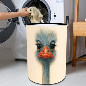 Cesta de ropa sucia con divertida cara de avestruz, plegable e independiente, impermeable, con asas, con decoración de estampado animal.