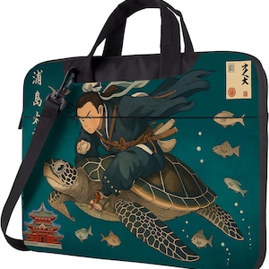 May include: Laptop bag with a teal background featuring an illustration of a person riding a sea turtle. The bag has a black handle and shoulder strap. The illustration includes Japanese text and imagery of fish and a temple.