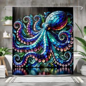 Vibrant Stained Glass Octopus Shower Curtain, Nautical Bathroom Decor, High-Quality Fabric, Multi-Size Options with Rings