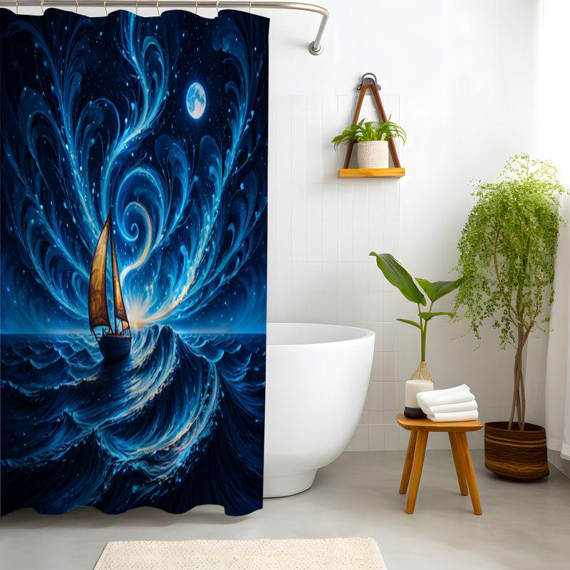 RnnJoile Segelboot-Duschvorhang – Schwarz-Weiß, 183 X 183 Cm, Aus Polyester, Wasserdicht, Mit 12 Haken