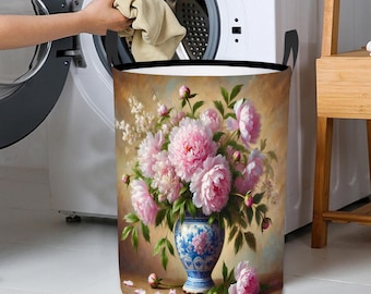 Peony Vase Laundry Basket, Foldable Waterproof Clothes Hamper With Handles, Vintage Floral Storage Bin for Bedroom,Dorm or Shabby Chic Decor
