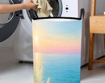 Sunset Ocean Laundry Basket – Foldable Round Hamper with Coastal Pastel Seascape Print, Laundry Organizer Baskets, Decorative Laundry Basket