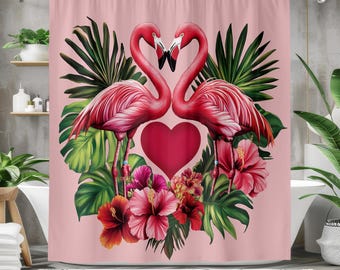 Tenda da doccia con fenicotteri rosa e decorazioni per il bagno con cuori tropicali e ibisco