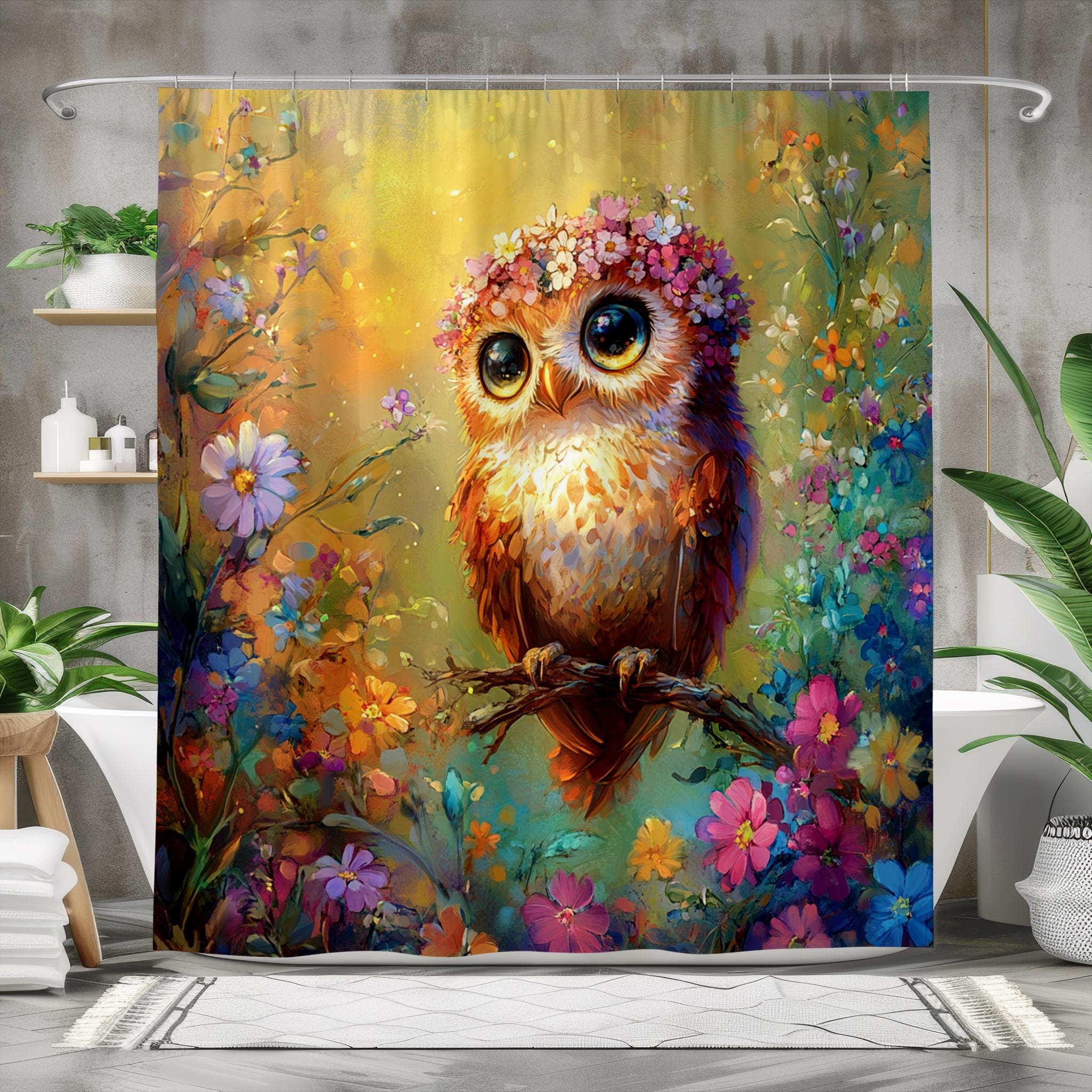 Owl Shower Curtain 180x200 cm – Cute Floral Bird Design – Waterproof Polyester – E