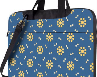 Blue Floral Laptop Tote Bag Daisy Pattern Sleeve with Shoulder Strap