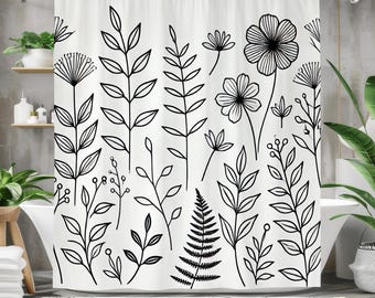 Minimalistisch botanisch douchegordijn, zwart-wit bloemdessin, modern badkamerdecor, op de natuur geïnspireerde kunst, opties voor meerdere formaten
