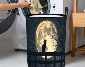Black Cat Moon Laundry Basket, Foldable Waterproof Clothes Hamper With Full Moon Design, Witchy Home Storage Bin, Halloween Decor Gift Idea
