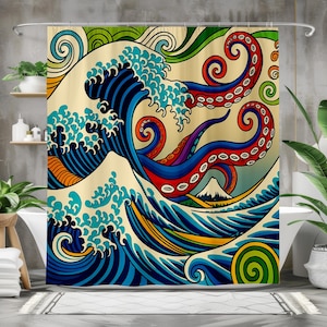 Cortina de chuveiro japonesa com estampa de polvo - Cortina de banho de tecido impermeável para decoração de banheiro - Design náutico azul, vermelho e verde