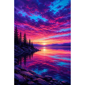 Könnte beinhalten: Ein lebendiges Landschaftsgemälde zeigt einen Sonnenuntergang über einem See. Der Himmel ist mit rosa, lila und blauen Wolken gefüllt. Das Wasser spiegelt den farbenfrohen Himmel und die Silhouette der Bäume am Ufer wider. Die Szene weckt ein Gefühl von Frieden und Ruhe.